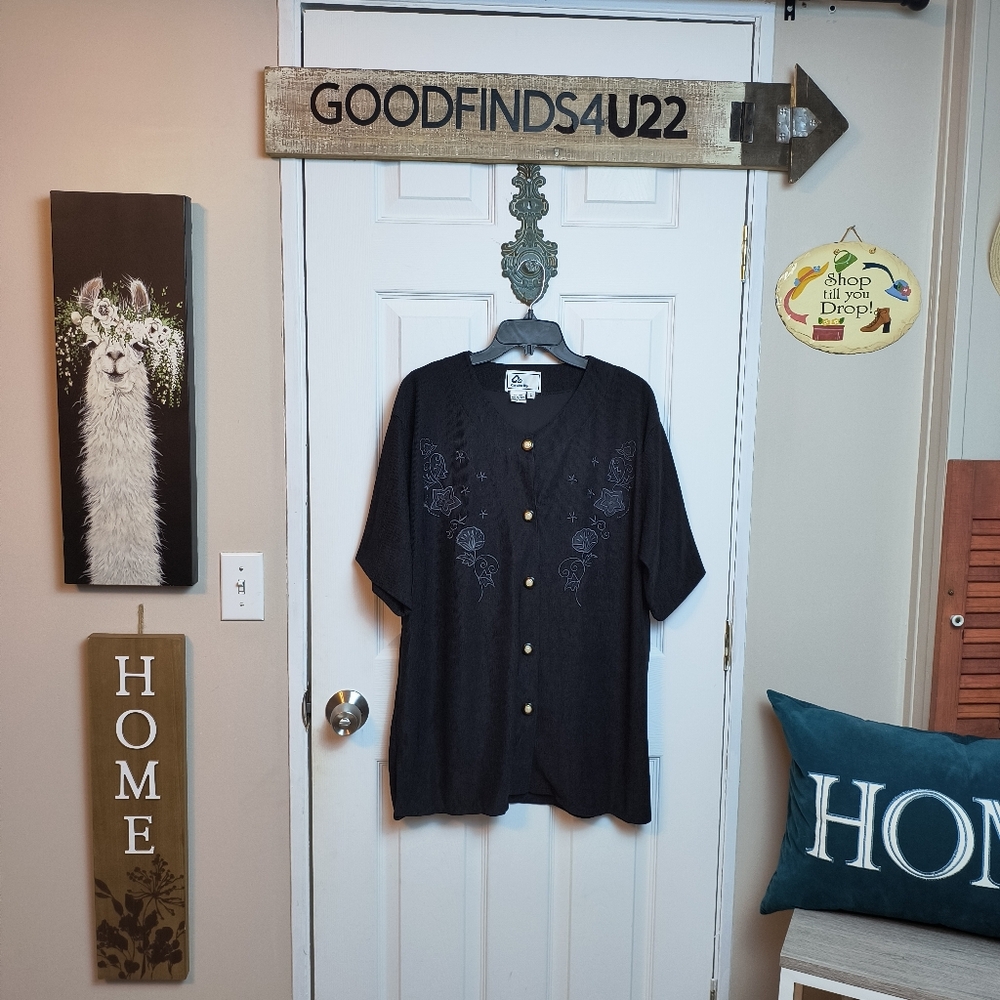 Vintage Carolina Bay Embroidered Pleated Women's Blouse Black L